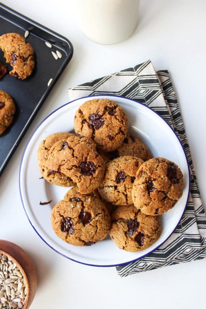Sunflower Seed Paleo Chocolate Chip Cookies on a plate
