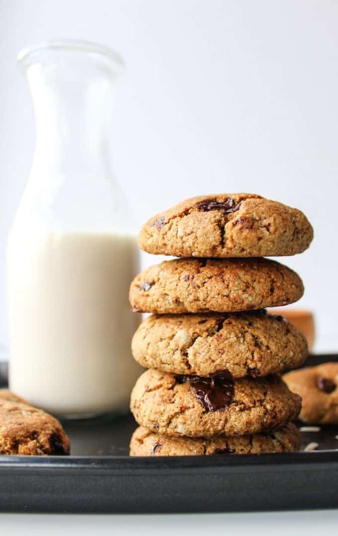 Sunflower Seed Paleo Chocolate Chip Cookies stacked