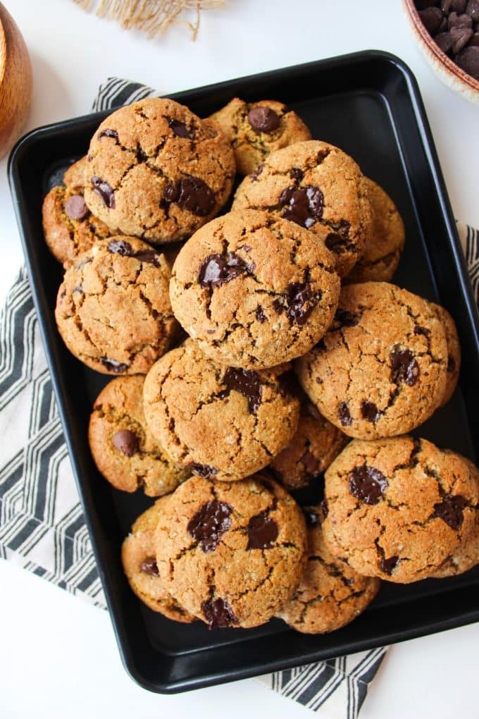 Sunflower Seed Paleo Chocolate Chip Cookies on a baking sheet