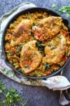 One Pot Low FODMAP Chicken and Rice (Khichdi Inspired) in a cast iron pan