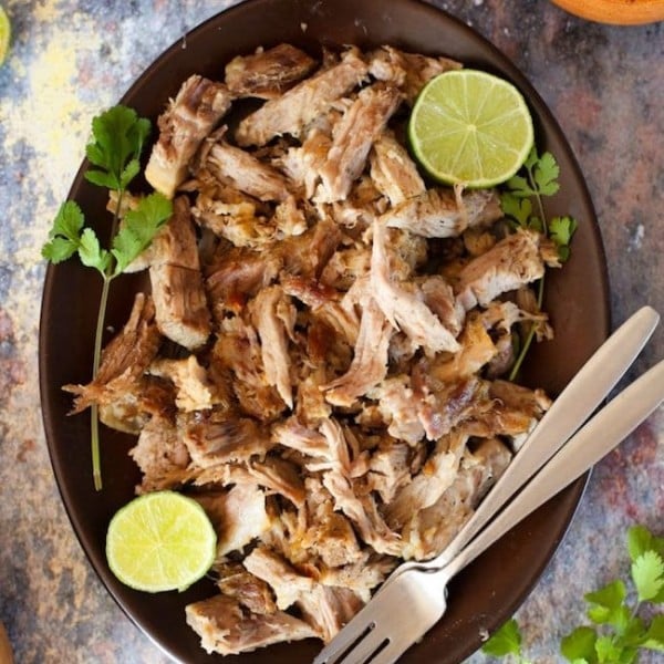 Instant Pot Pulled Pork shredded on a plate