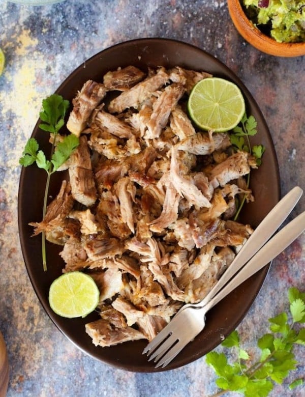 Instant Pot Pulled Pork shredded on a plate