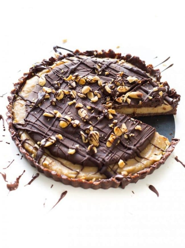 Frozen Vegan Peanut Butter Cup Pie with a slice taken out