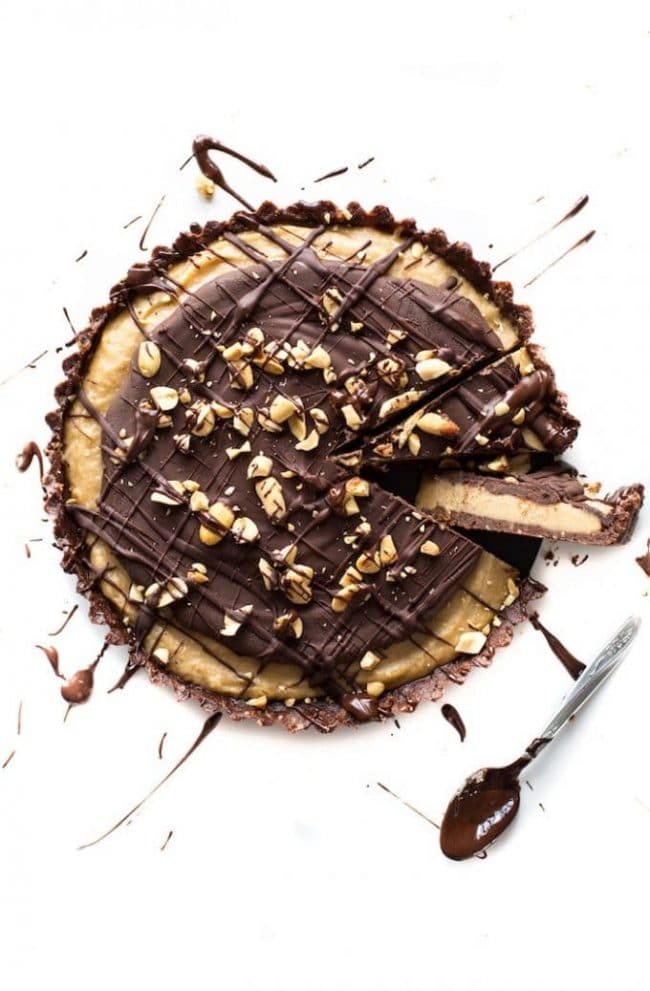 Frozen Vegan Peanut Butter Cup Pie drizzled with chocolate