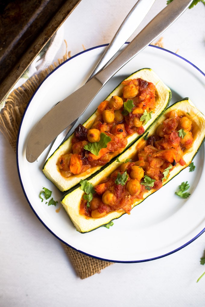 Moroccan Stuffed Zucchini Boats – Moroccan spiced veggies with chickpeas and dried cherries | Gluten Free + Vegan