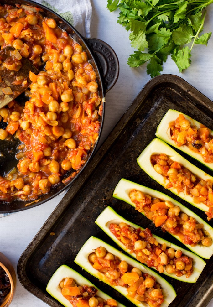 zucchini stuffed with a moroccan inspired chickpea filling