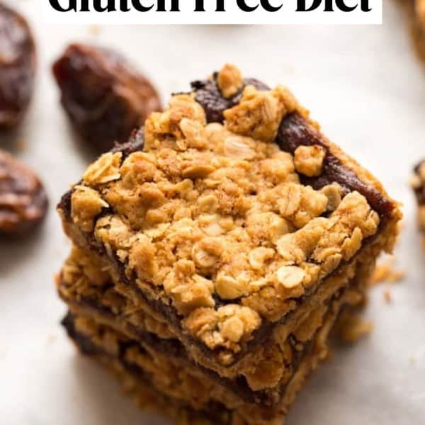 a stack of date squares made with an oat crumble with the text: are oats safe on a gluten-free diet?