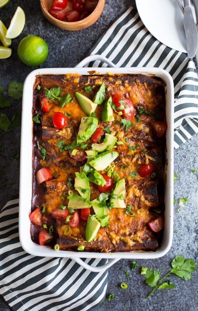 Bean free Skinny Sweet Potato Enchiladas - a veggie filled meat free meal with a quick homemade enchilada sauce perfect for busy week nights! | Gluten Free + Vegetarian 