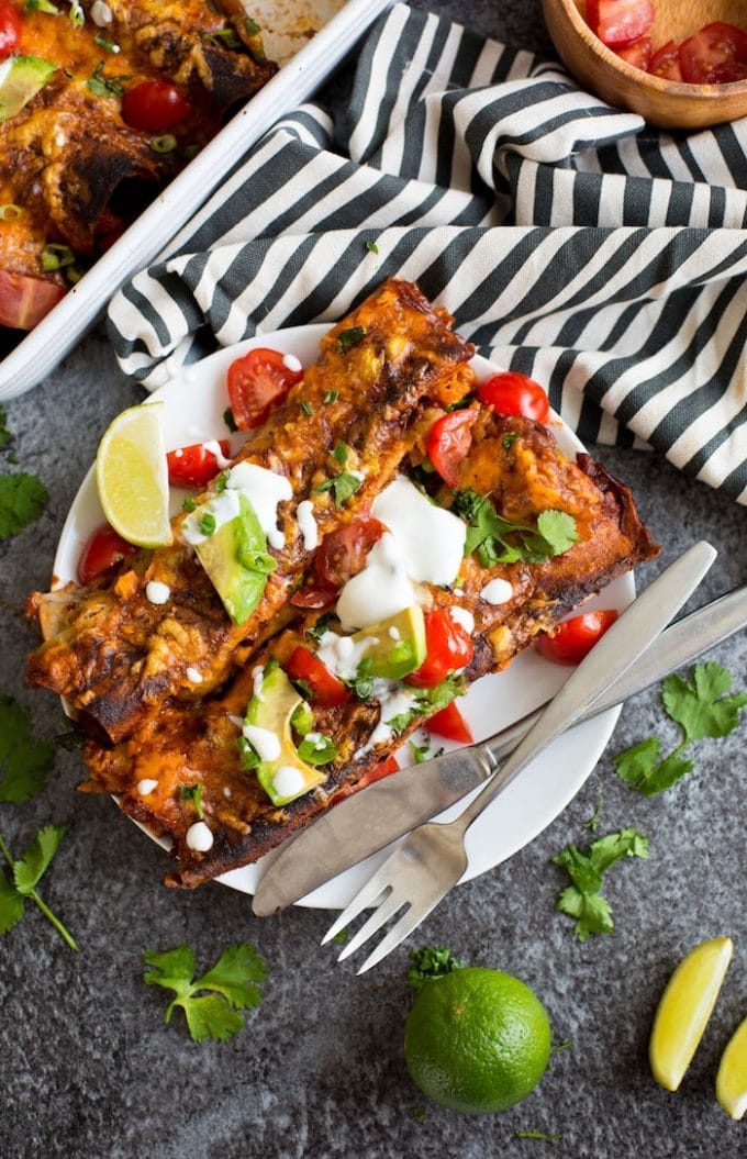 Bean free Skinny Sweet Potato Enchiladas - a veggie filled meat free meal with a quick homemade enchilada sauce perfect for busy week nights! | Gluten Free + Vegetarian 