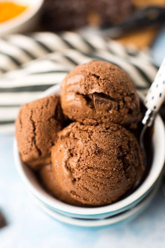 three scoops of Chocolate Coconut Milk Ice Cream in a bowl