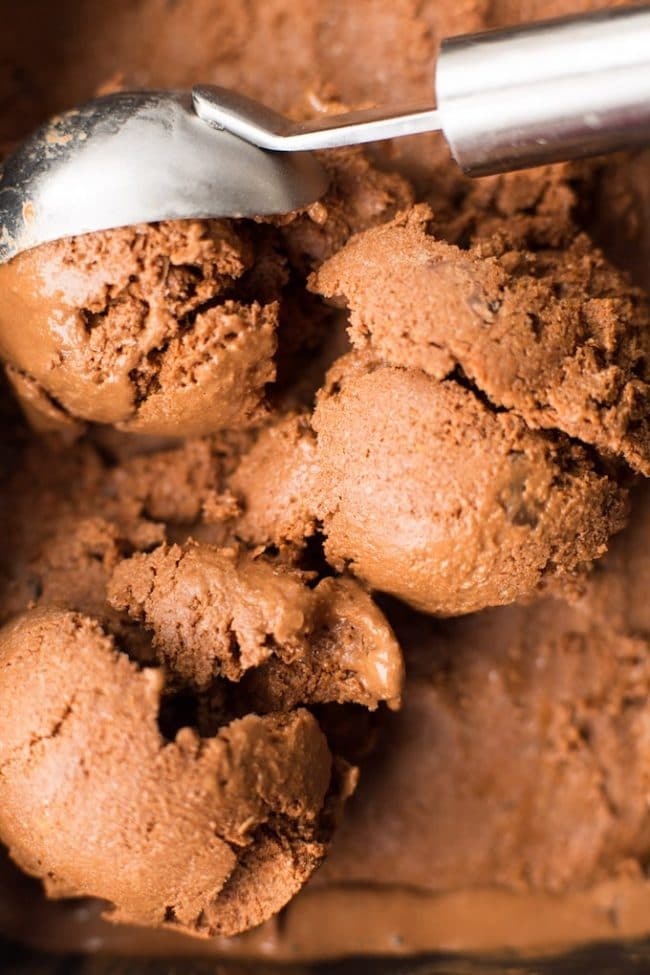  Chocolate Coconut Milk Ice Cream scooped with an ice cream scooper