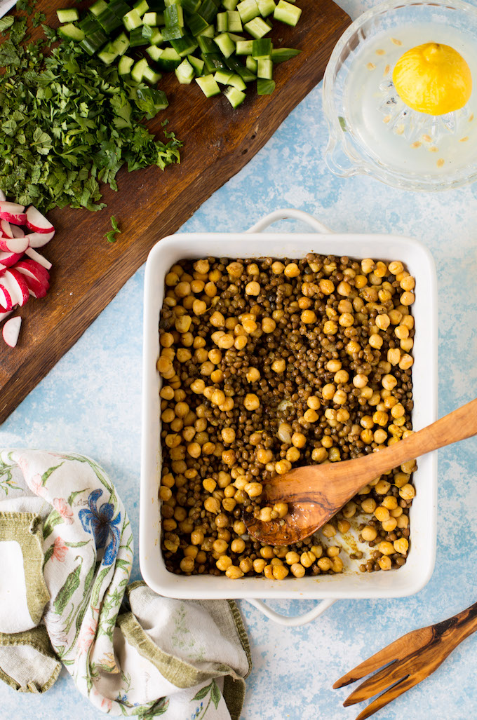 Roasted Chickpea Lentil Salad - Fresh parsley & mint, chopped veggies and zesty lemons | Gluten Free + Vegan 