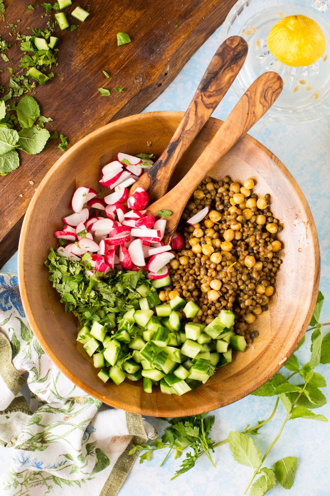 Roasted Chickpea Lentil Salad - Fresh parsley & mint, chopped veggies and zesty lemons | Gluten Free + Vegan 