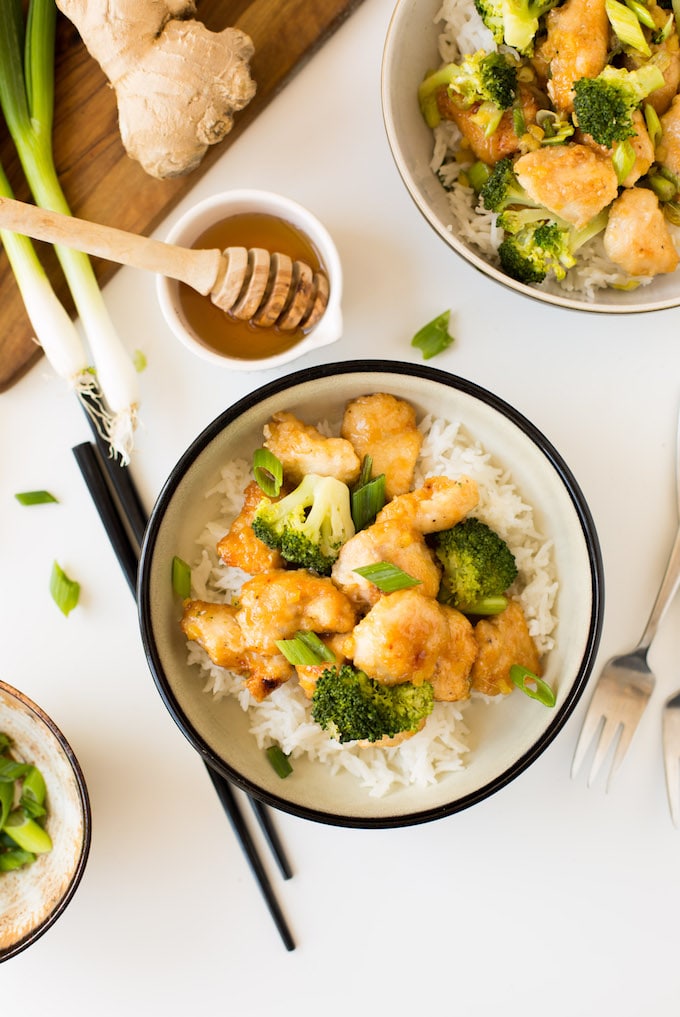 Sweet and sticky Ginger Honey Chicken with broccoli - make it in 20 minutes or less! Gluten Free + Paleo + Refined Sugar Free