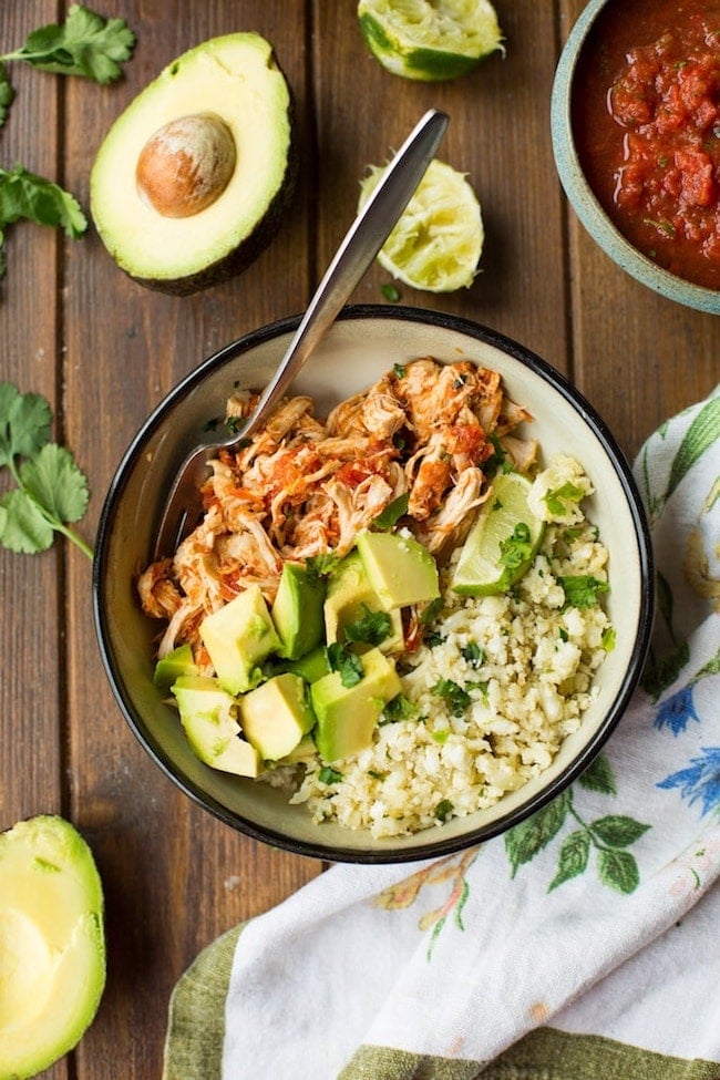 Salsa Chicken in a bowl with cauliflower rice and avocado