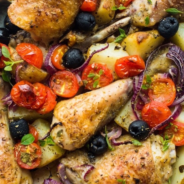 Easy One Pan Greek Chicken with Roasted Veggies up close