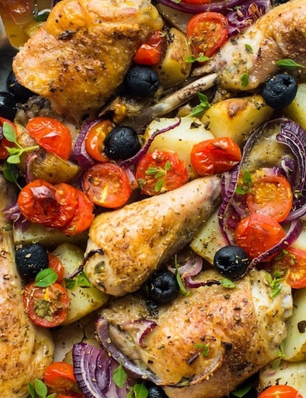 Easy One Pan Greek Chicken with Roasted Veggies up close