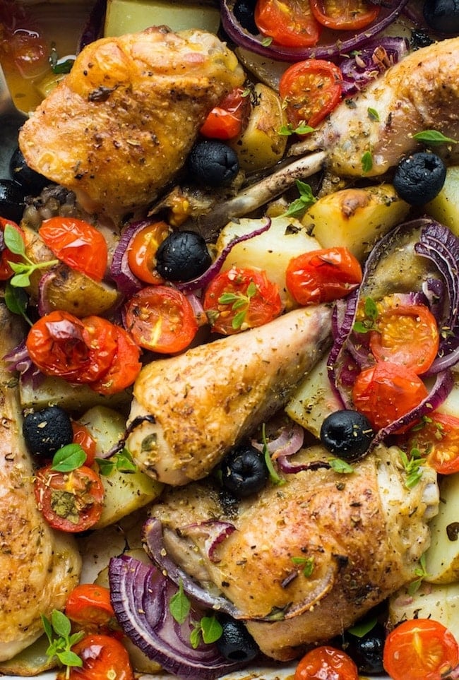 Easy One Pan Greek Chicken with Roasted Veggies up close