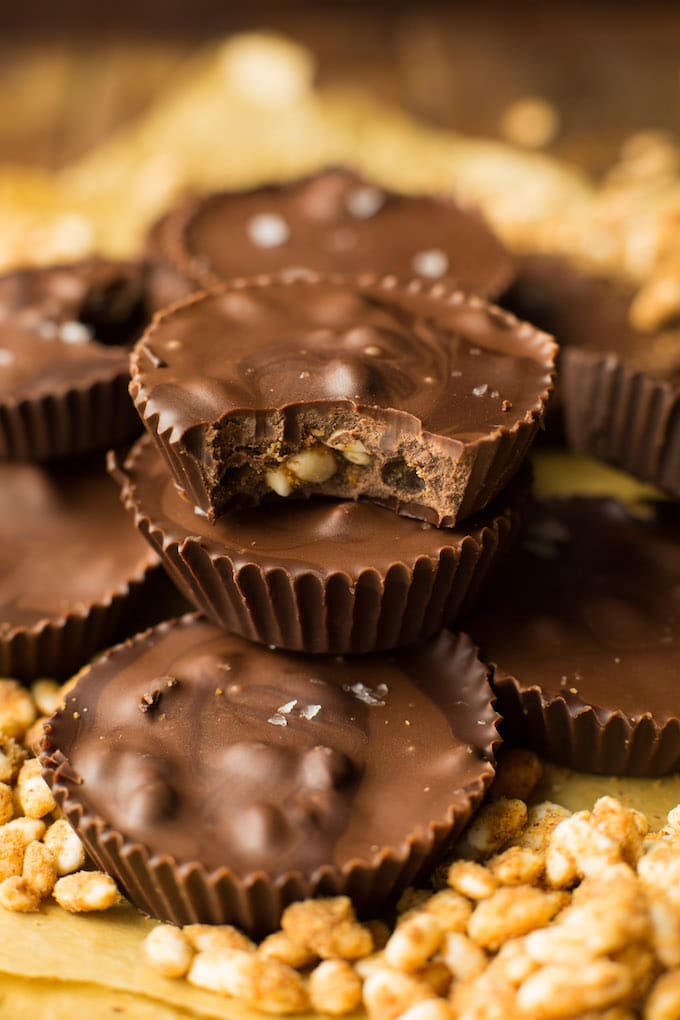 Homemade Peanut Butter Crunch Chocolate Cups - puffed rice cereal coated in peanut butter and surrounded by chocolate. Gluten Free + Vegan