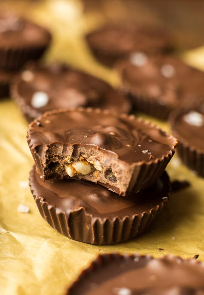 Homemade Peanut Butter Crunch Chocolate Cups - puffed rice cereal coated in peanut butter and surrounded by chocolate. Gluten Free + Vegan