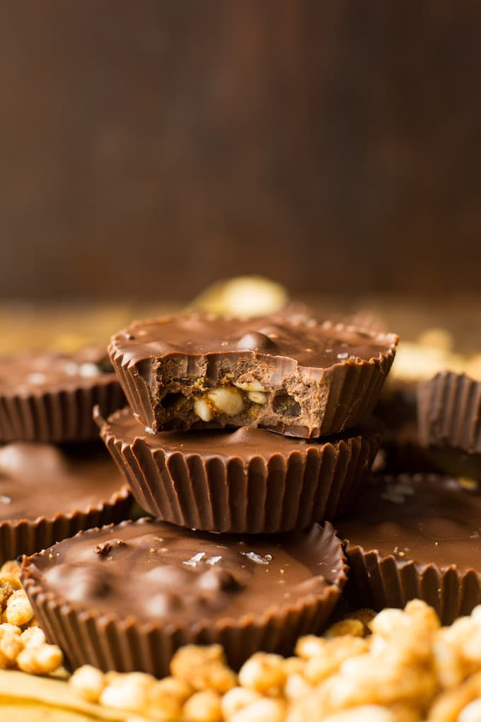 Homemade Peanut Butter Crunch Chocolate Cups - puffed rice cereal coated in peanut butter and surrounded by chocolate. Gluten Free + Vegan