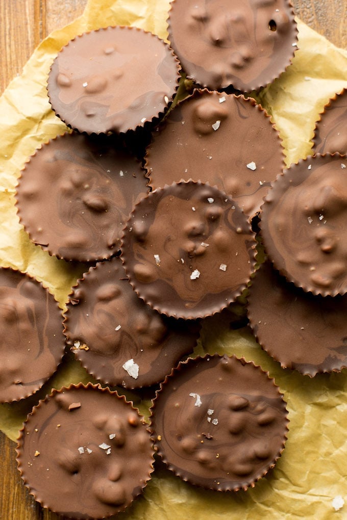 Homemade Peanut Butter Crunch Chocolate Cups - puffed rice cereal coated in peanut butter and surrounded by chocolate. Gluten Free + Vegan