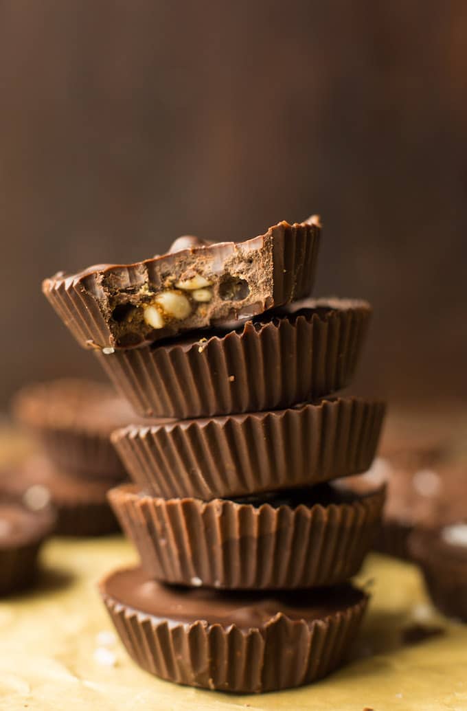Homemade Peanut Butter Crunch Chocolate Cups - puffed rice cereal coated in peanut butter and surrounded by chocolate. Gluten Free + Vegan