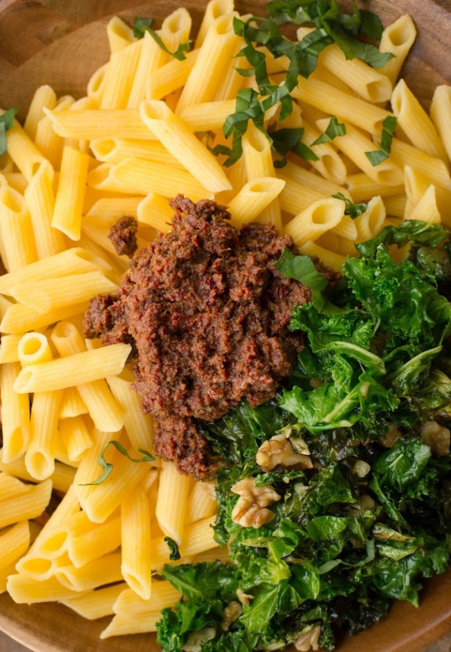 Sun Dried Tomato Pesto Pasta with Sautéed Kale & Walnuts Vegan + GF