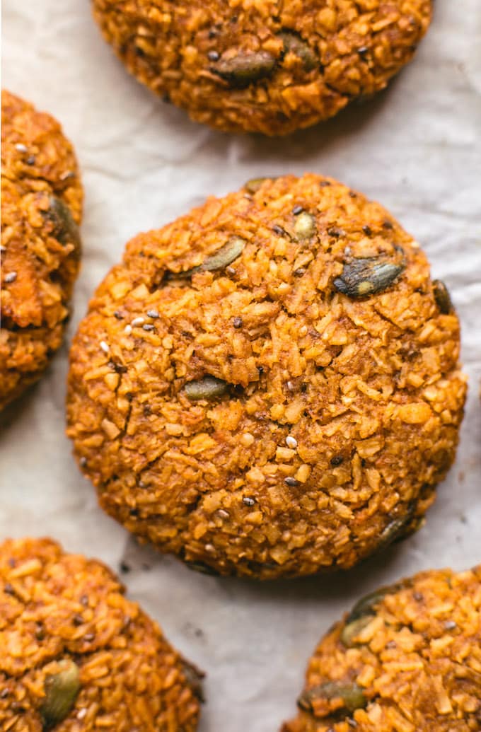 Healthy Sweet Potato Breakfast Cookies - made with desiccated coconut, a variety of seeds, mashed sweet potato and sweetened with coconut sugar | Paleo + Vegan