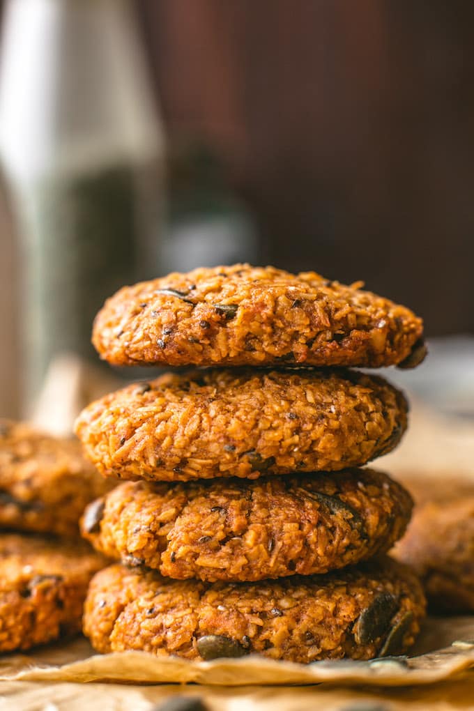 Healthy Sweet Potato Breakfast Cookies - made with desiccated coconut, a variety of seeds, mashed sweet potato and sweetened with coconut sugar | Paleo + Vegan