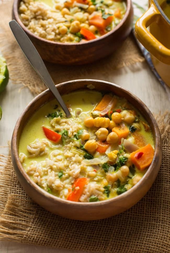 Chickpea Lime & Coconut Soup with brown rice in a bowl