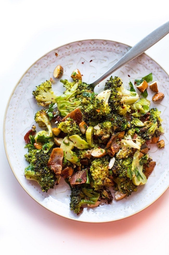 Garlic & Chili Roasted Broccoli Salad on a salad plate 