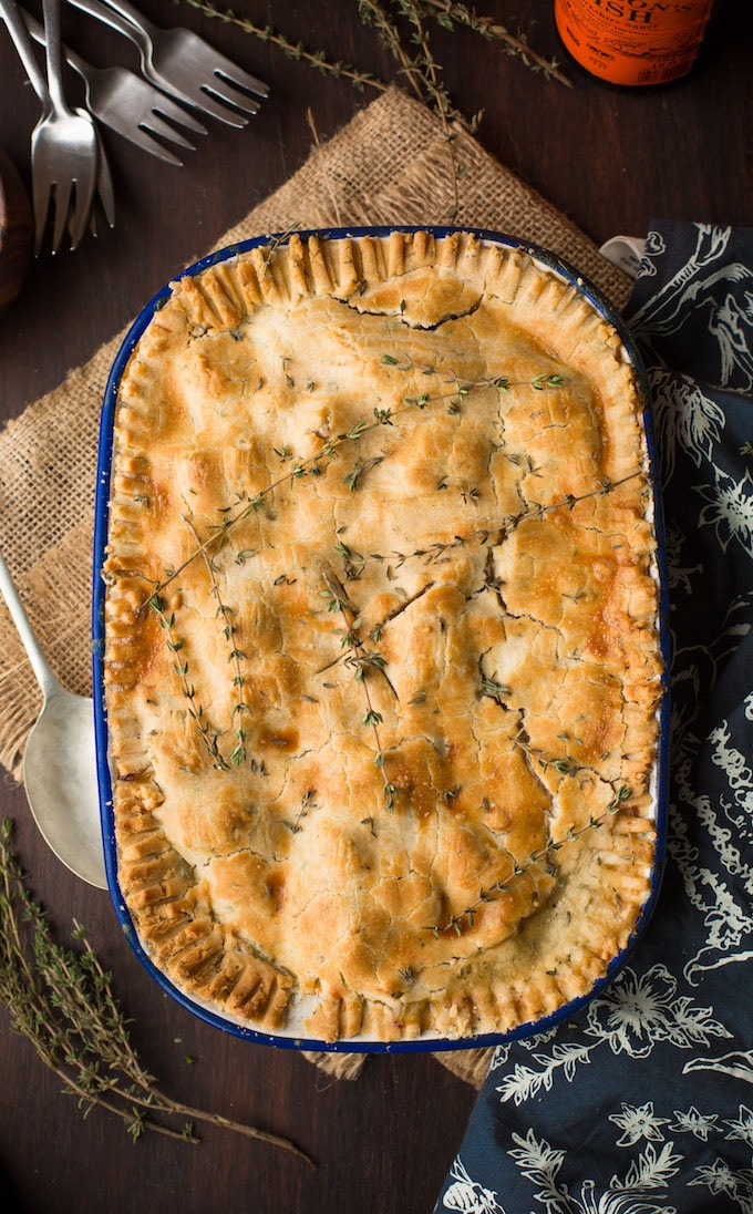 Lightened up Gluten Free Chicken Pot Pie loaded with veggies & topped with an herby crust | Dairy Free Option Available
