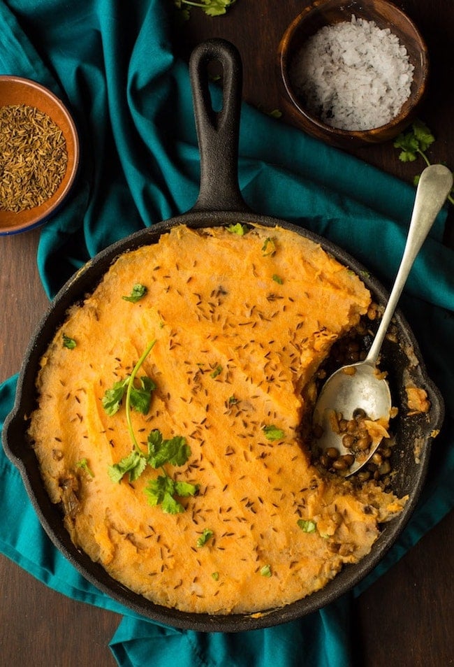 Moroccan Spiced Vegan Shepherd's Pie in cast iron pan