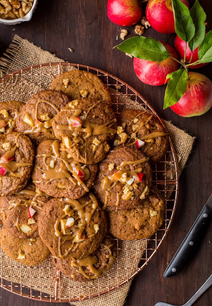 Melt in your mouth Spiced Apple Cookies with chopped walnuts & an almond butter 'caramel' glaze | Gluten Free + Paleo + Dairy Free