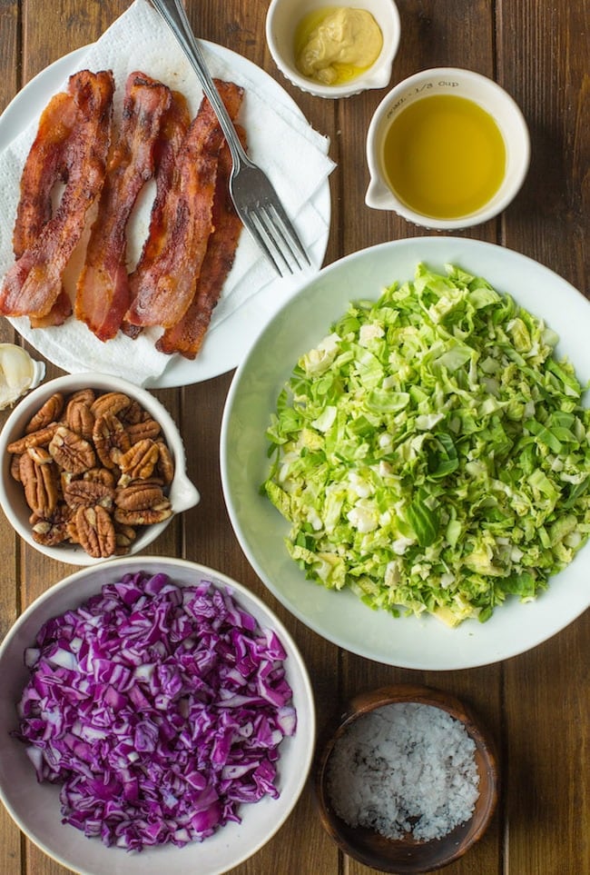 Bacon Brussels & Cabbage Salad ingredients in bowls 