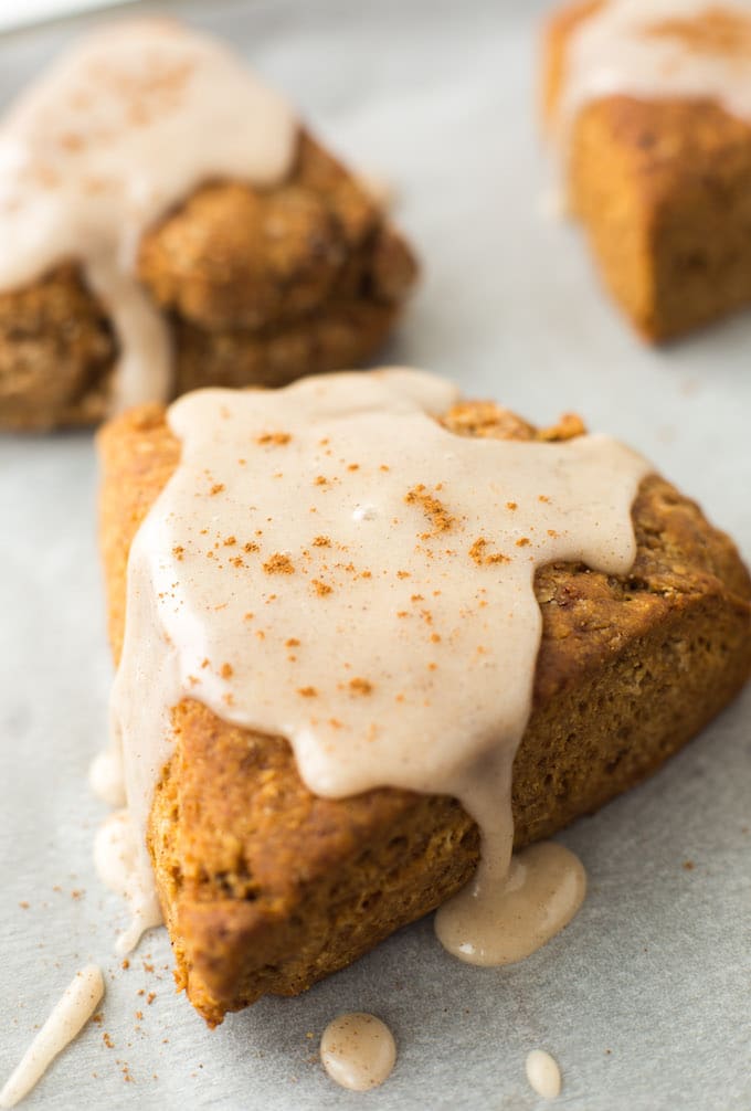 Gluten Free Vegan Gingerbread Scones with a simple, maple glazed top - made in one bowl & easy to make! Up close on the scone