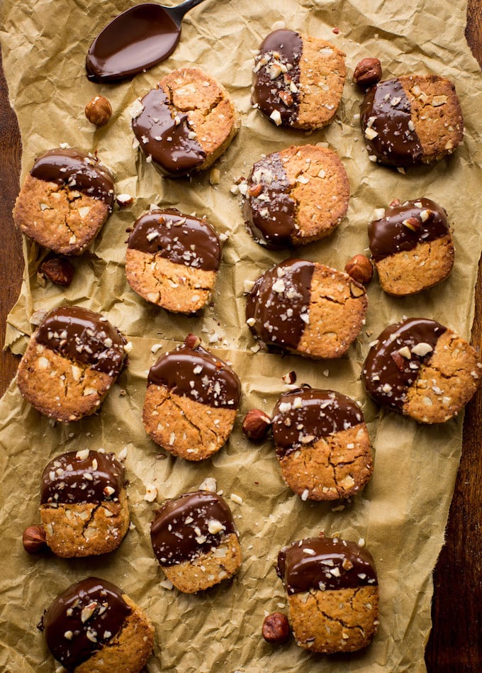 Chocolate and Hazelnut Slice and Bake Cookies - crunchy, toasted hazelnut cookies dipped in dark chocolate | Grain Free + Vegan