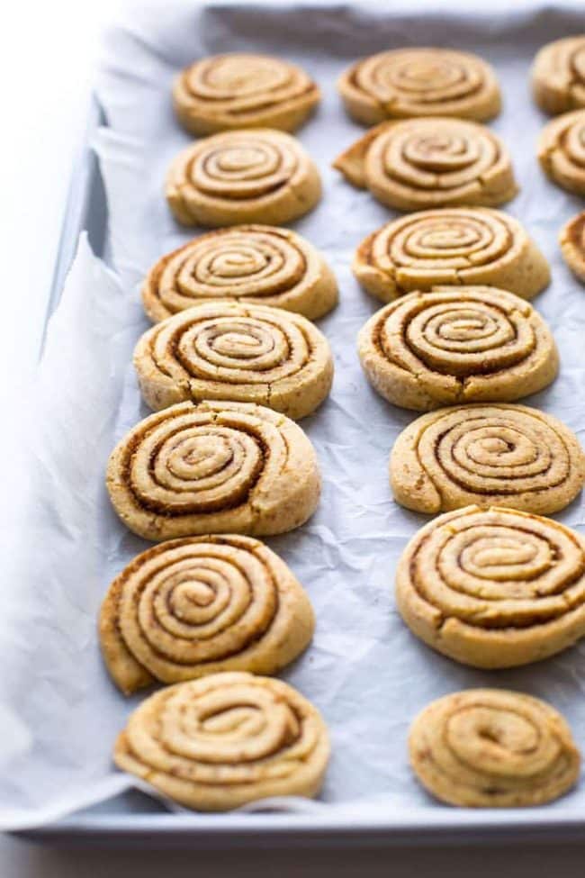  Gain Free Cinnamon Roll Cookies on a baking sheet