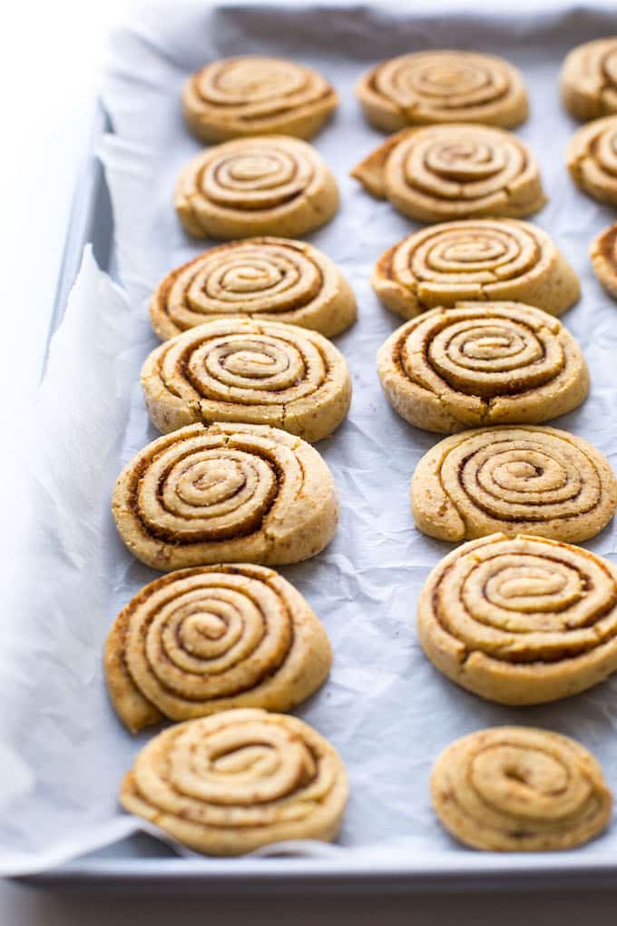 Â Gain Free Cinnamon Roll Cookies made with chickpea flour - one bowl and easy to make! Gluten Free + Vegan | Freshly baked still on the pan