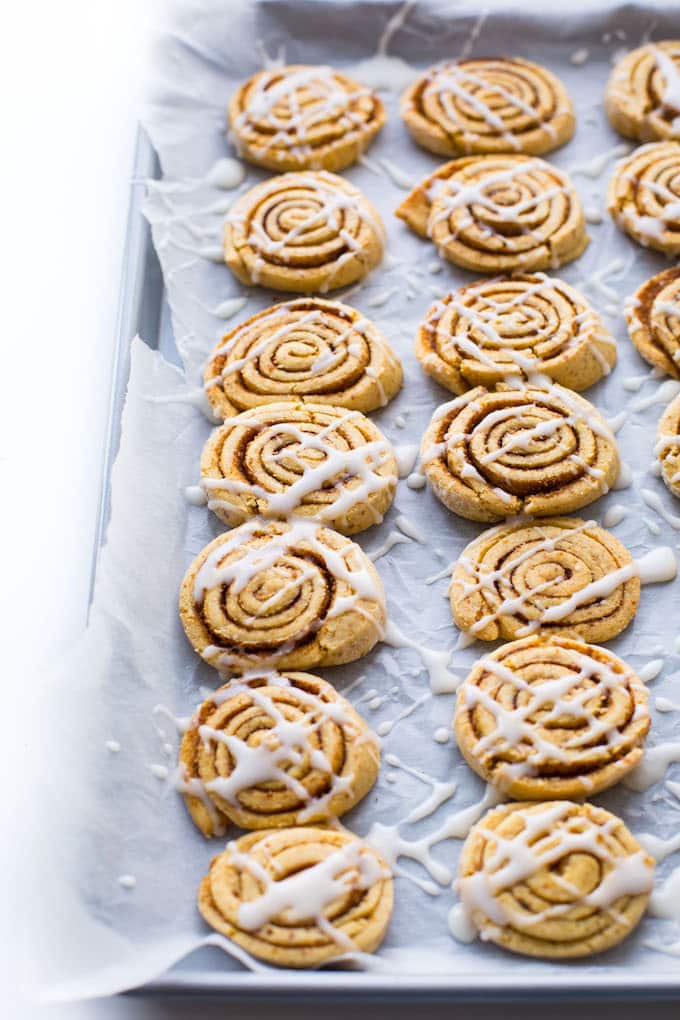  Gain Free Cinnamon Roll Cookies made with chickpea flour - one bowl and easy to make! Gluten Free + Vegan | Still on the pan & iced