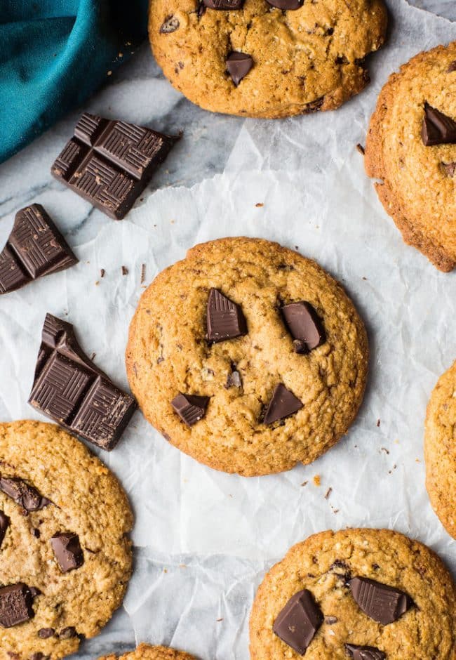 paleo Chocolate Chip Cookies with chocolate chunks surrounding