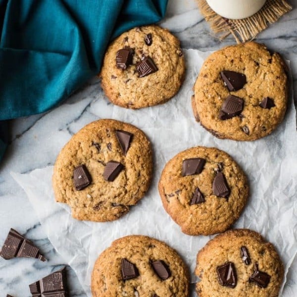 Paleo Chocolate Chip Cookies on a marble cutting board