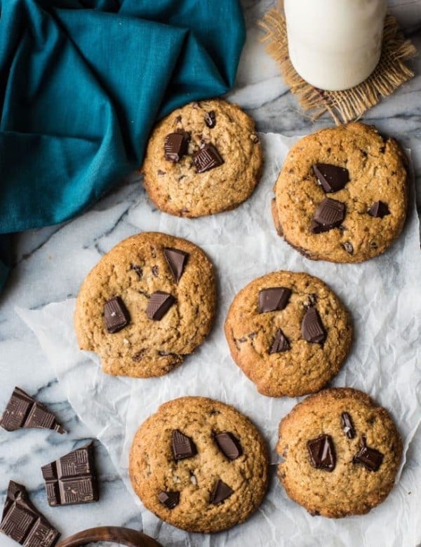 Paleo Chocolate Chip Cookies on a marble cutting board