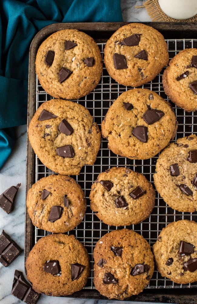 Soft and chewy Paleo Chocolate Chip Cookies cooling on a wire rack