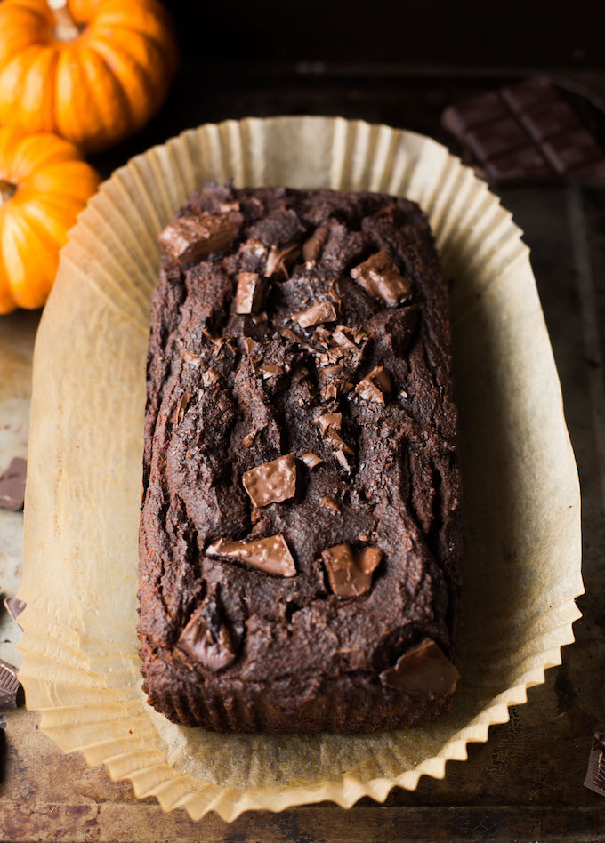 One bowl Double Chocolate Paleo Pumpkin Bread - a quick and easy dessert bread loaded with moist pumpkin and studded with melty chocolate chunks | Grain Free + Dairy Free + Refined Sugar Free