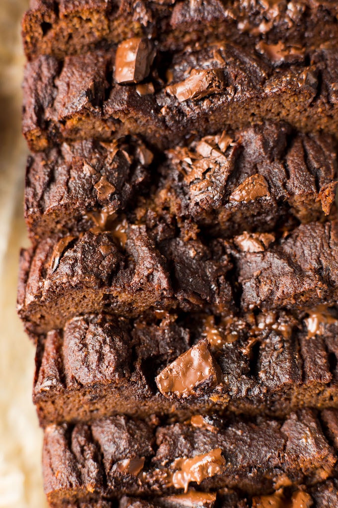 One bowl Double Chocolate Paleo Pumpkin Bread - a quick and easy dessert bread loaded with moist pumpkin and studded with melty chocolate chunks | Grain Free + Dairy Free + Refined Sugar Free
