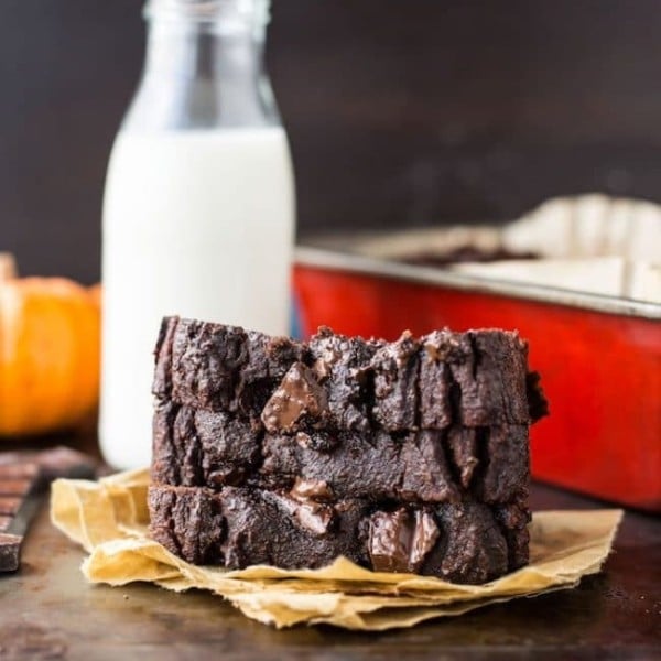 Paleo Chocolate Pumpkin Bread slices stacked with glass of milk next to it