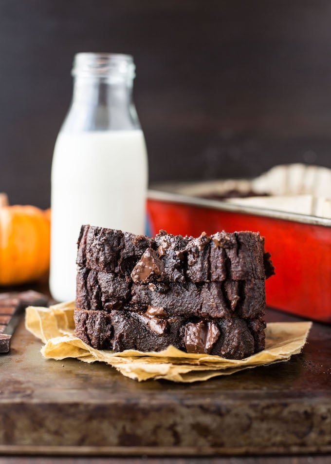 One bowl Double Chocolate Paleo Pumpkin Bread - a quick and easy dessert bread loaded with moist pumpkin and studded with melty chocolate chunks | Grain Free + Dairy Free + Refined Sugar Free