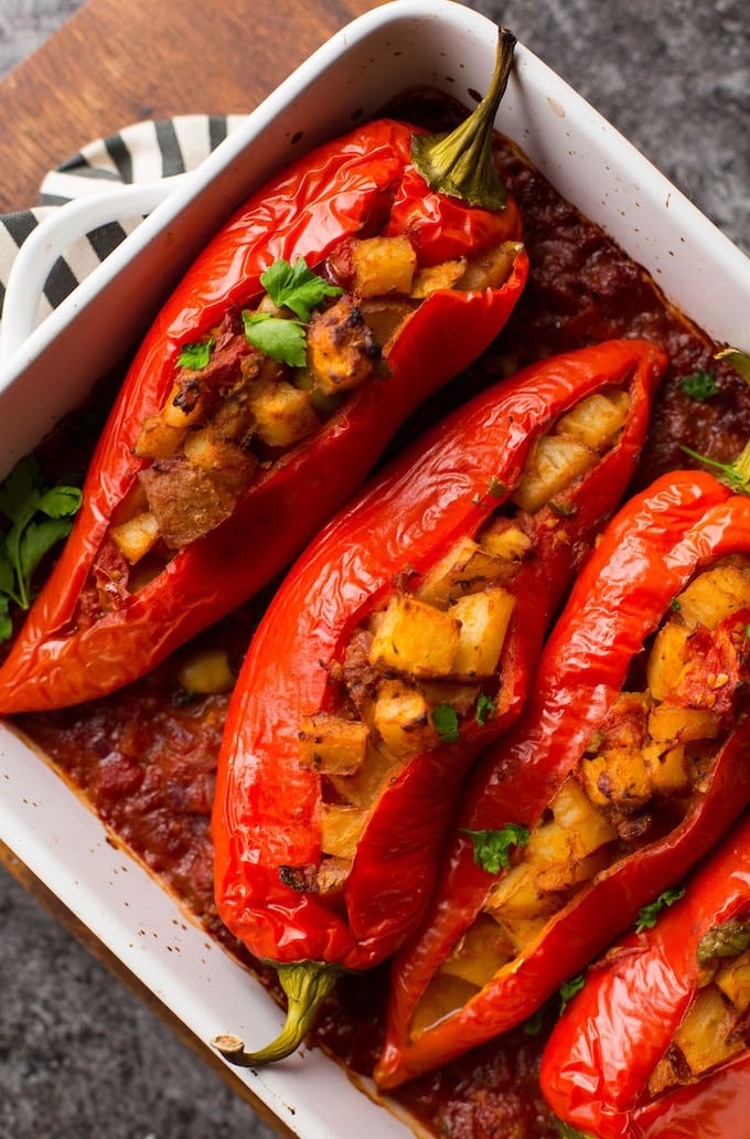 Potato and Olive Stuffed Banana Peppers  topped with fresh parsley 